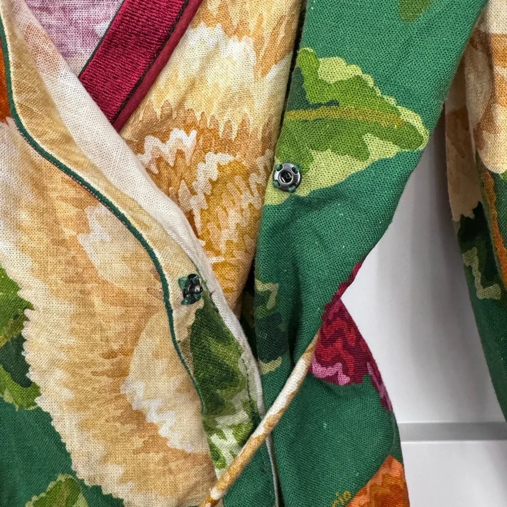 FARM Rio Green Floral Wrap Top with Pink, Yellow & Orange Blooms